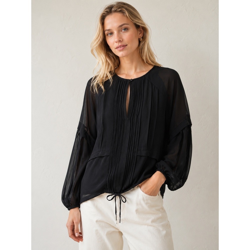 Munthe Black Pintuck Pleated Sheer Viscose Blouse Keyhole Neck Drawstring Hem 38
